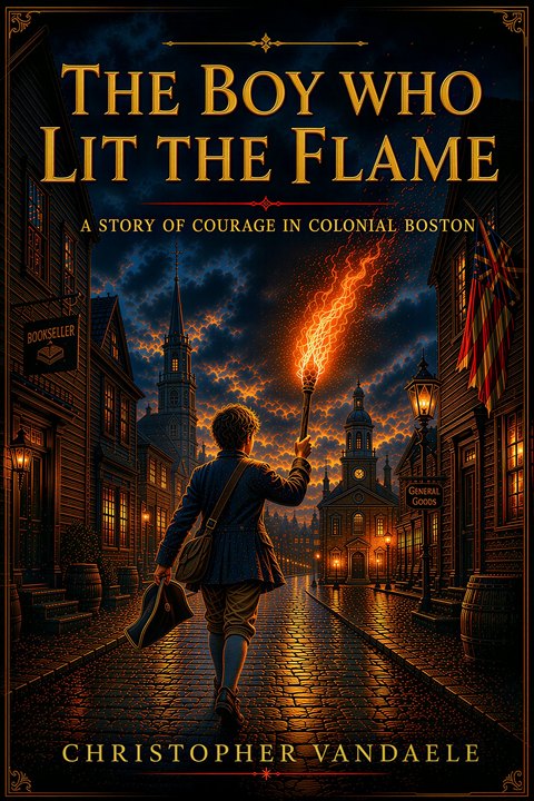 Book cover of The Boy Who Lit the Flame: A Story of Courage in Colonial Boston, by Christopher Vandaele. A boy walks a cobblestone street at night carrying a torch.