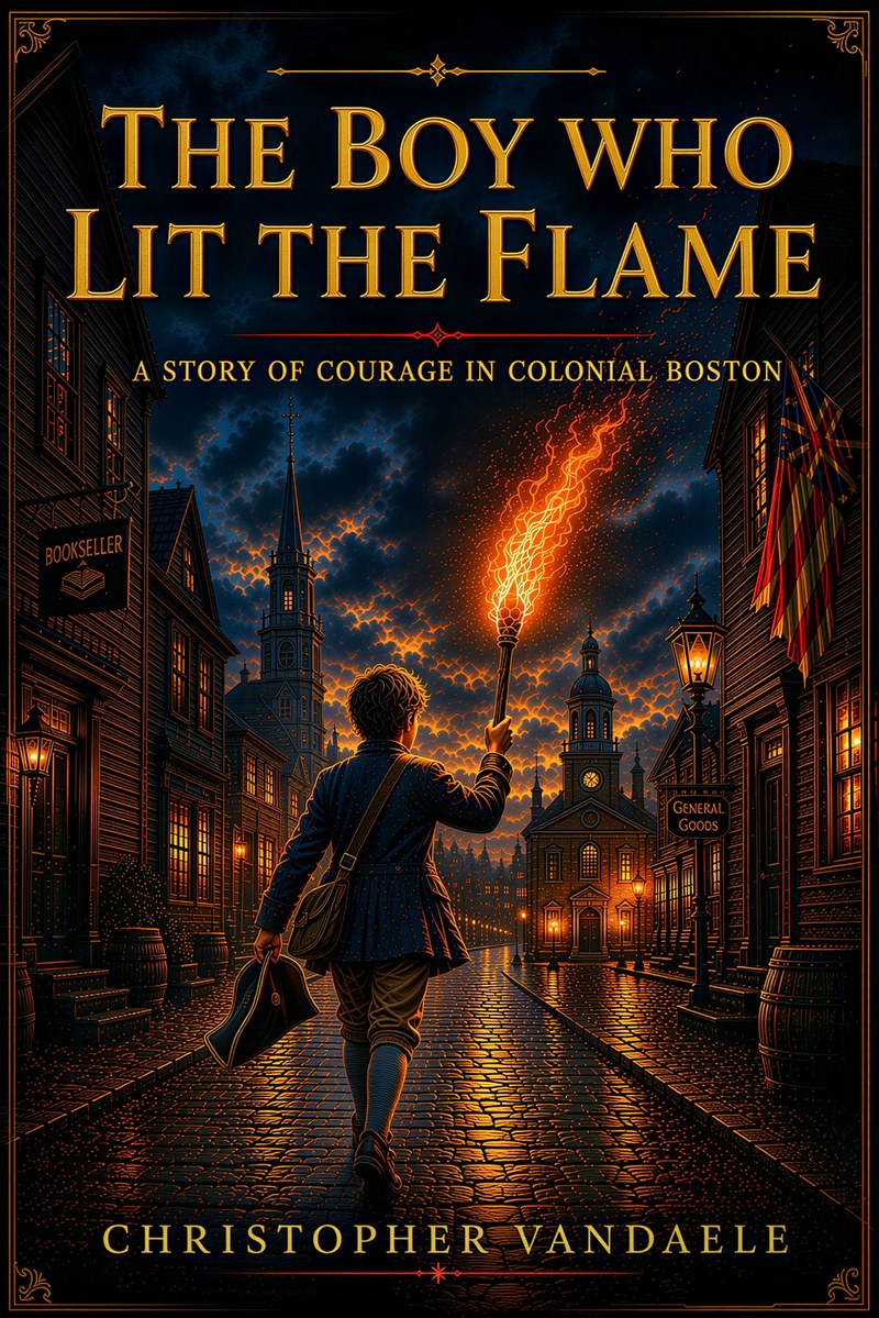 Book cover of The Boy Who Lit the Flame: A Story of Courage in Colonial Boston, by Christopher Vandaele. A boy walks a cobblestone street at night carrying a torch.