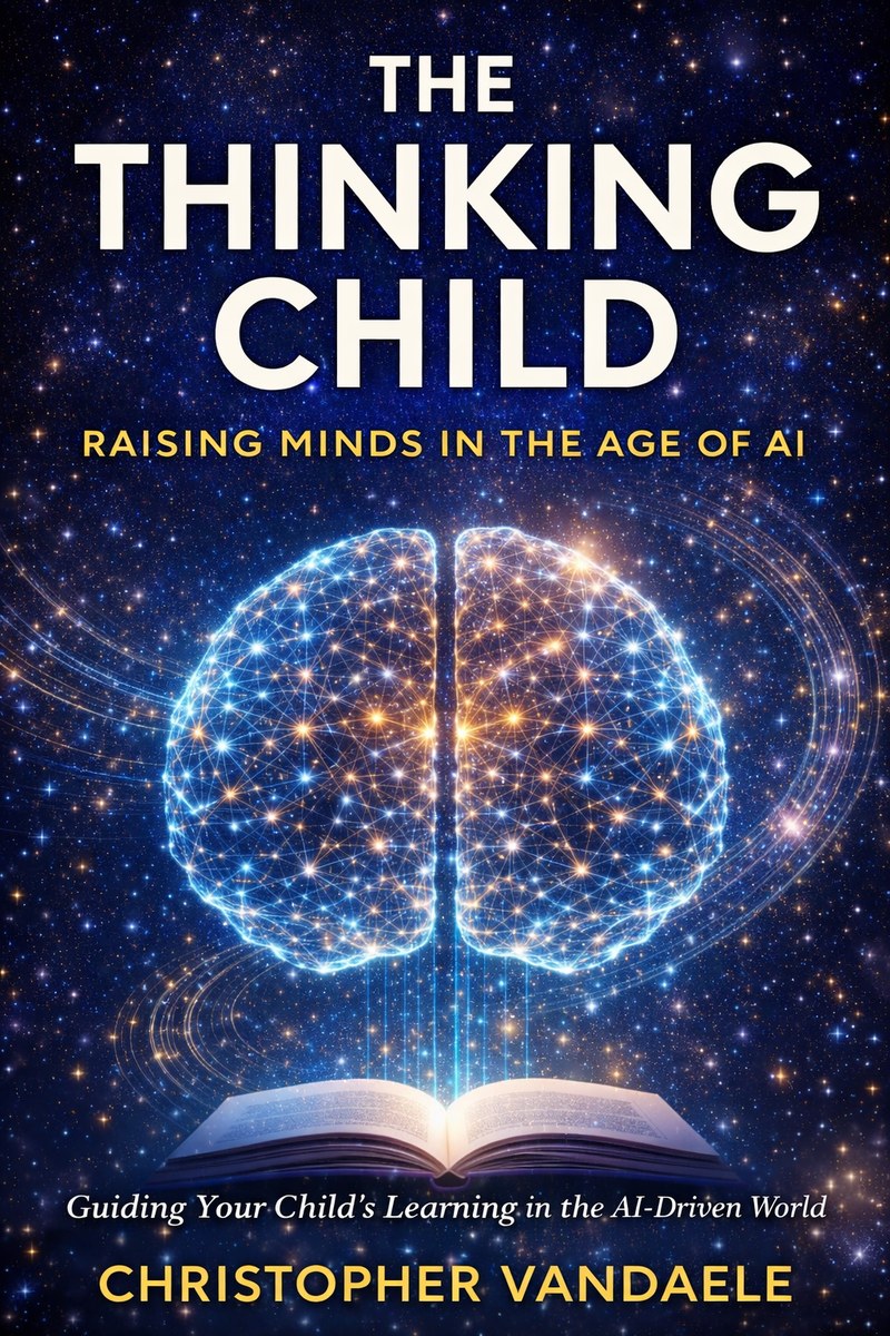 Book cover of The Thinking Child: Raising Minds in the Age of AI, by Christopher Vandaele. A constellation-shaped brain rises from an open book against a star field.