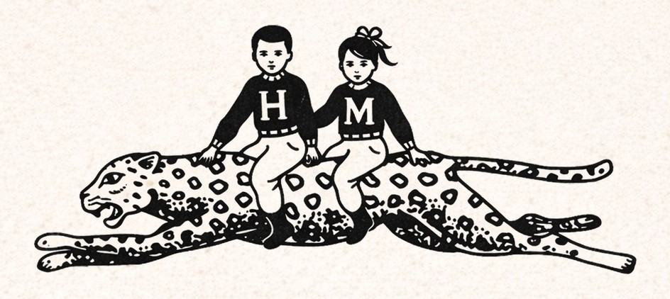 Two children in H and M sweaters riding a running leopard, the Hundred Media Group mark